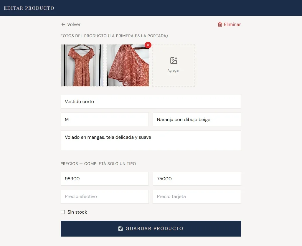 Editor de producto con varias fotos, talla, color, descripción y precios en efectivo y tarjeta