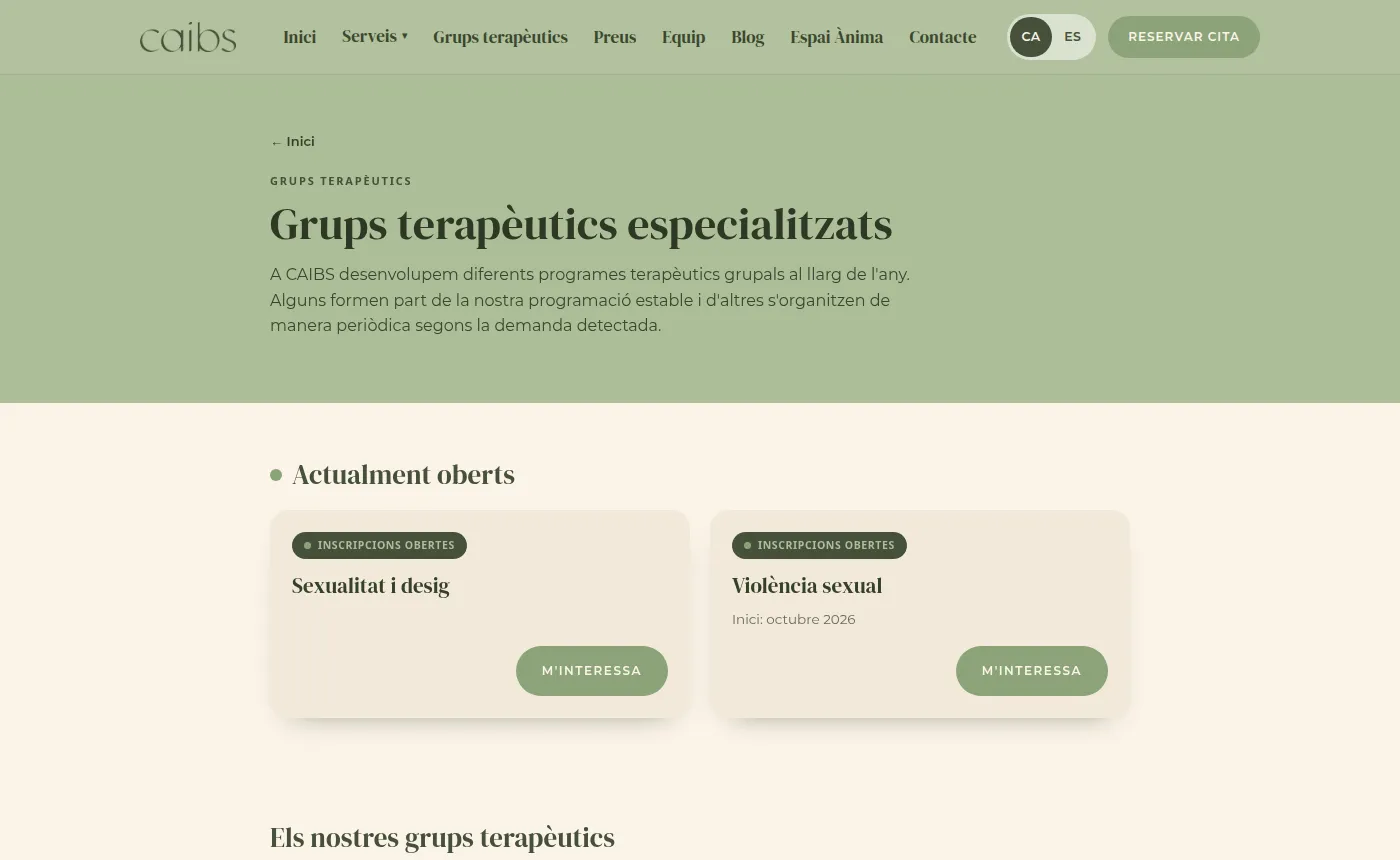 Página de grupos terapéuticos con los dos grupos que tienen la inscripción abierta