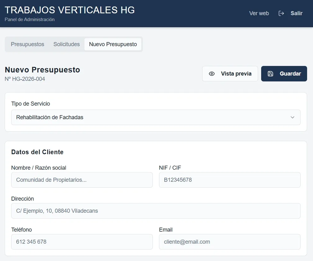 Panel de administración creando un nuevo presupuesto numerado, con tipo de servicio y datos fiscales del cliente