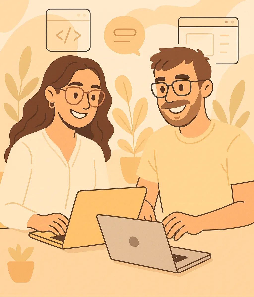 Ilustración de Sol y Nico trabajando juntos con sus portátiles en Webbzi